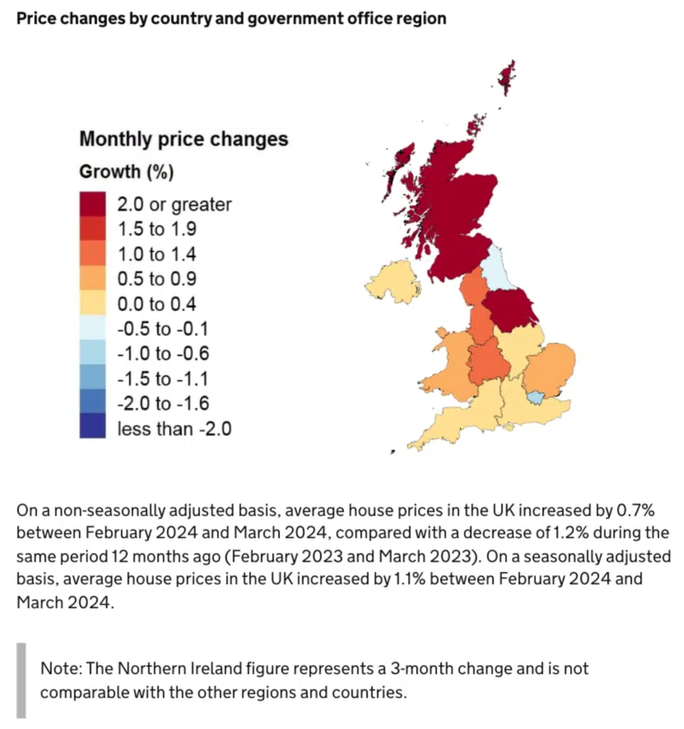 UK house price changes by country and regions March 2024 ons